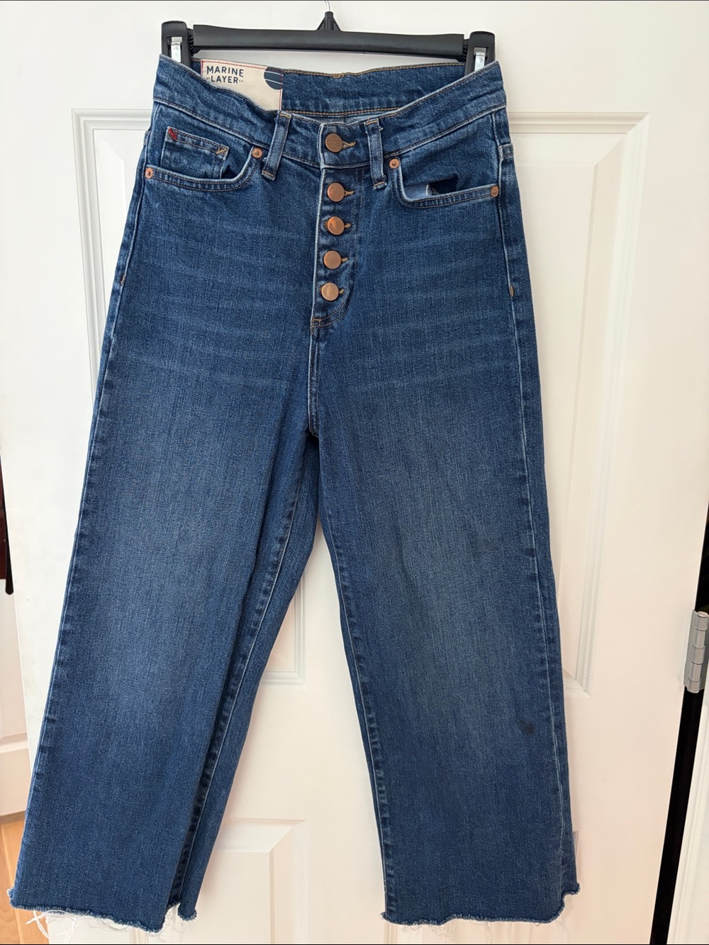 Marine Layer High-Rise Button-Fly Straight Cropped Jeans - Medium Blue